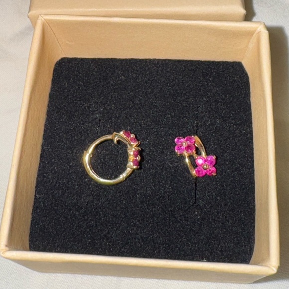 Stone & Strand 10k Gold Ruby Double Flower Huggies Floral Earrings - Picture 3 of 5